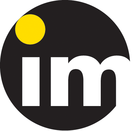 logo for Inclusive Media: lower case i and m within a solid black circle. The right hand edge of the m disappears outside the circle. The dot of the i is yellow, enlarged and touches the opposite edge of the circle