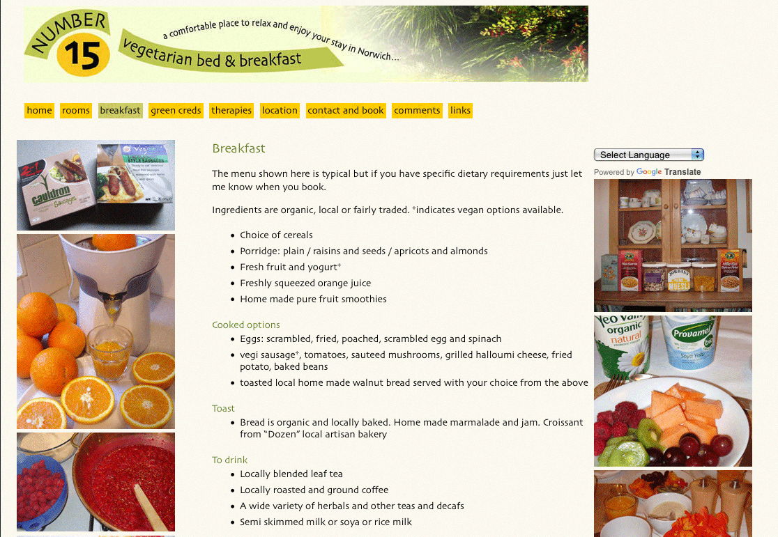 image of page: this links to home page of web site for Number 15 Bed and Breakfast, highly rated veggie B and B